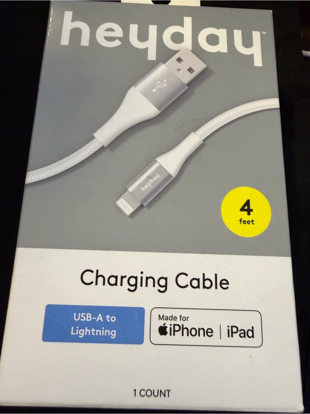 heyday White USB-A to Lightning Braided Charging Cable - 4ft